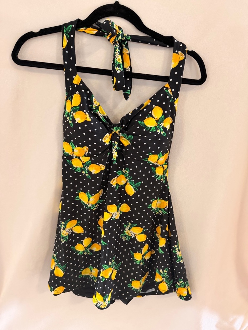 COCOSHIP Retro Black Lemon Print Halter Swim Dress